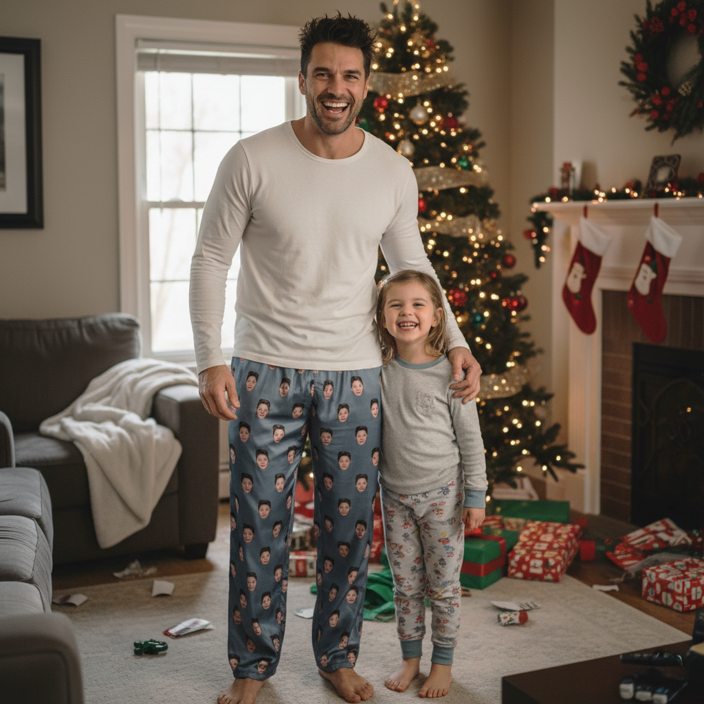 Smiling man and child in festive living room with Christmas tree and gifts.