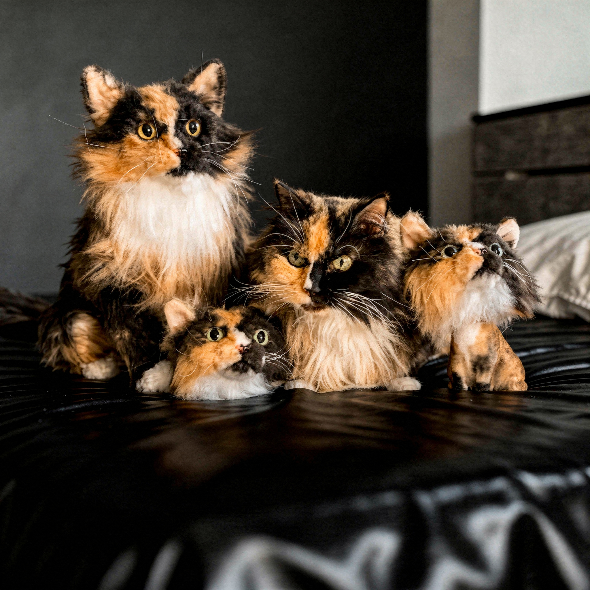 Long-haired tortoiseshell cat sitting beside three plush replicas on a gray textured blanket.