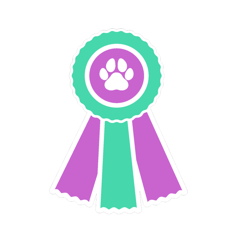 Ribbon with a paw print, in teal and purple colors, against a black background.