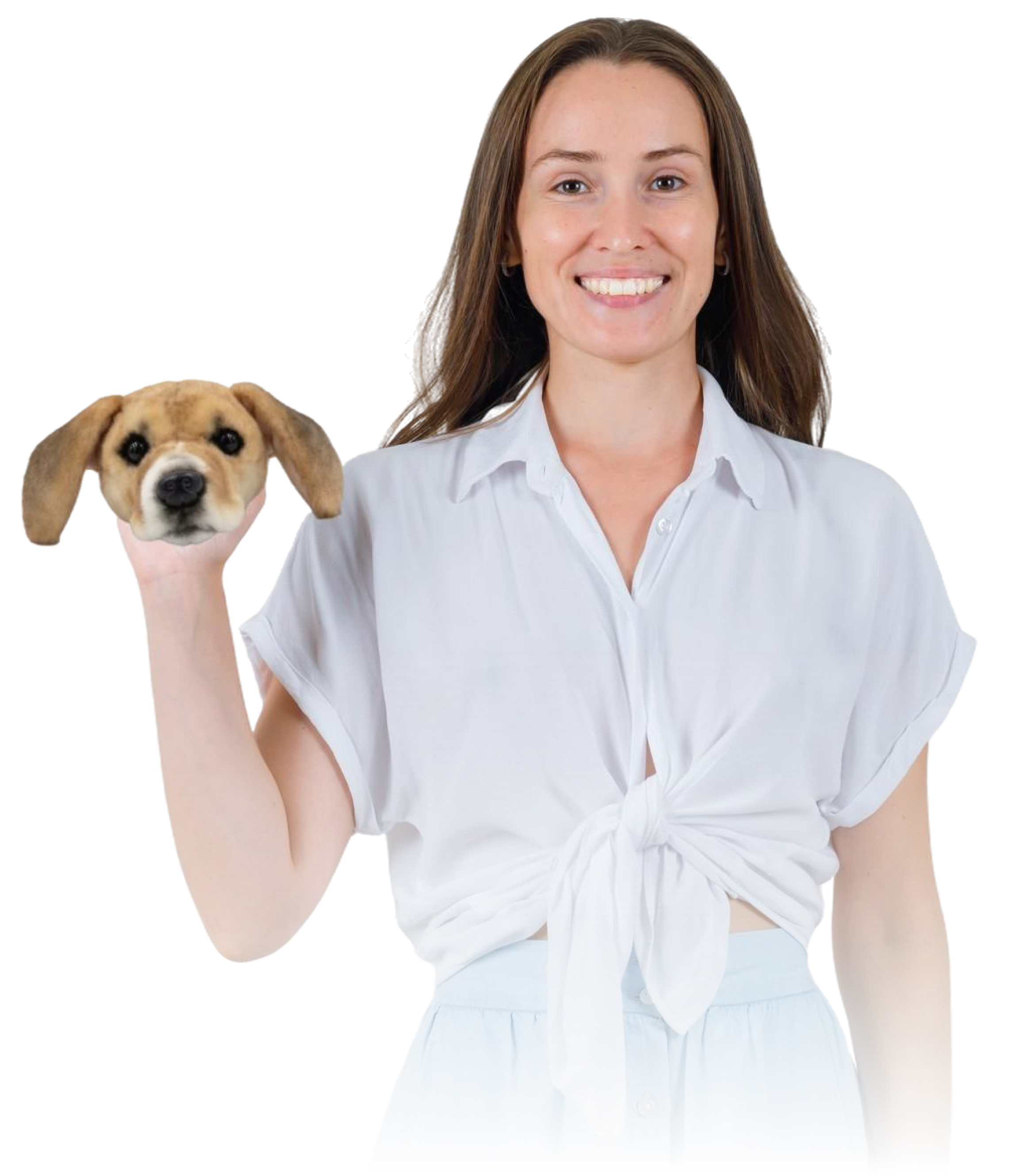 A woman in a white shirt smiles while holding a plush magnet with distinctive brown and white markings against a white background.