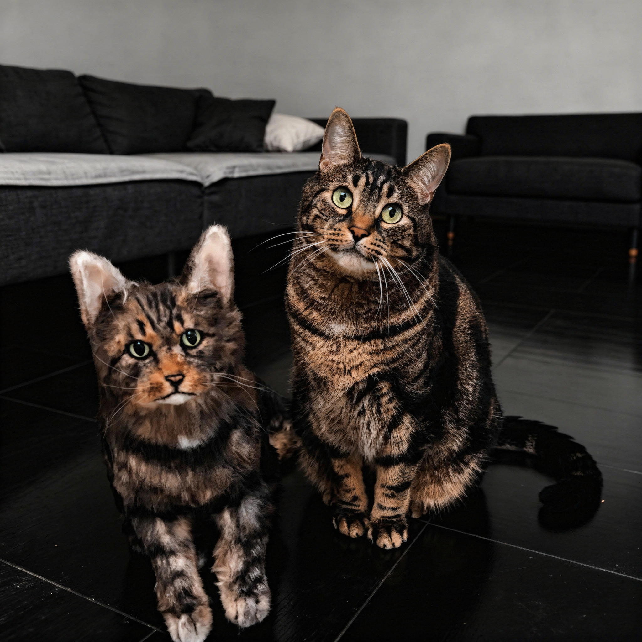 A brown tabby cat sitting next to a plush toy replica of itself on a dark hardwood floor against a light gray wall.
