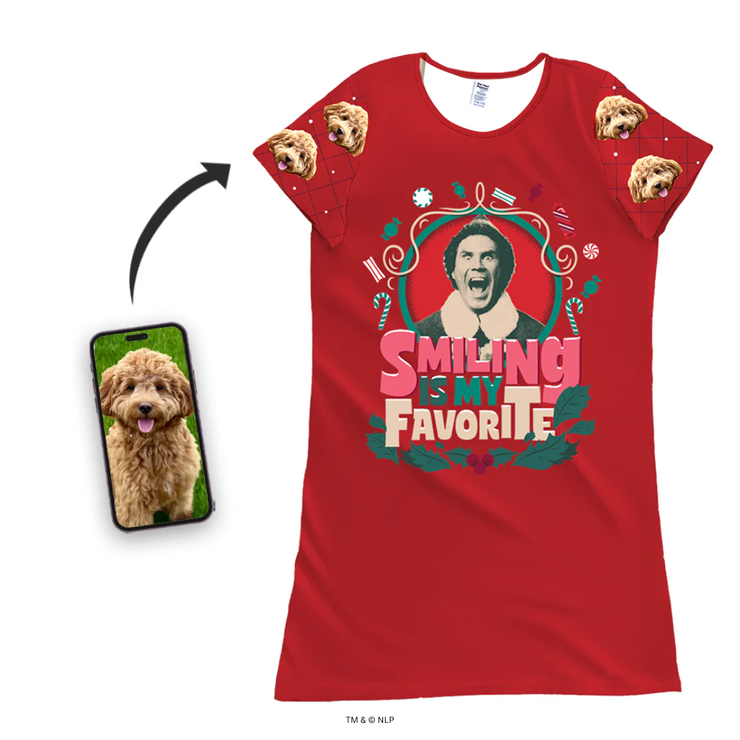 A red nightgown featuring a graphic of Buddy the Elf with the text 'SMILING IS MY FAVORITE,' surrounded by Christmas graphics.