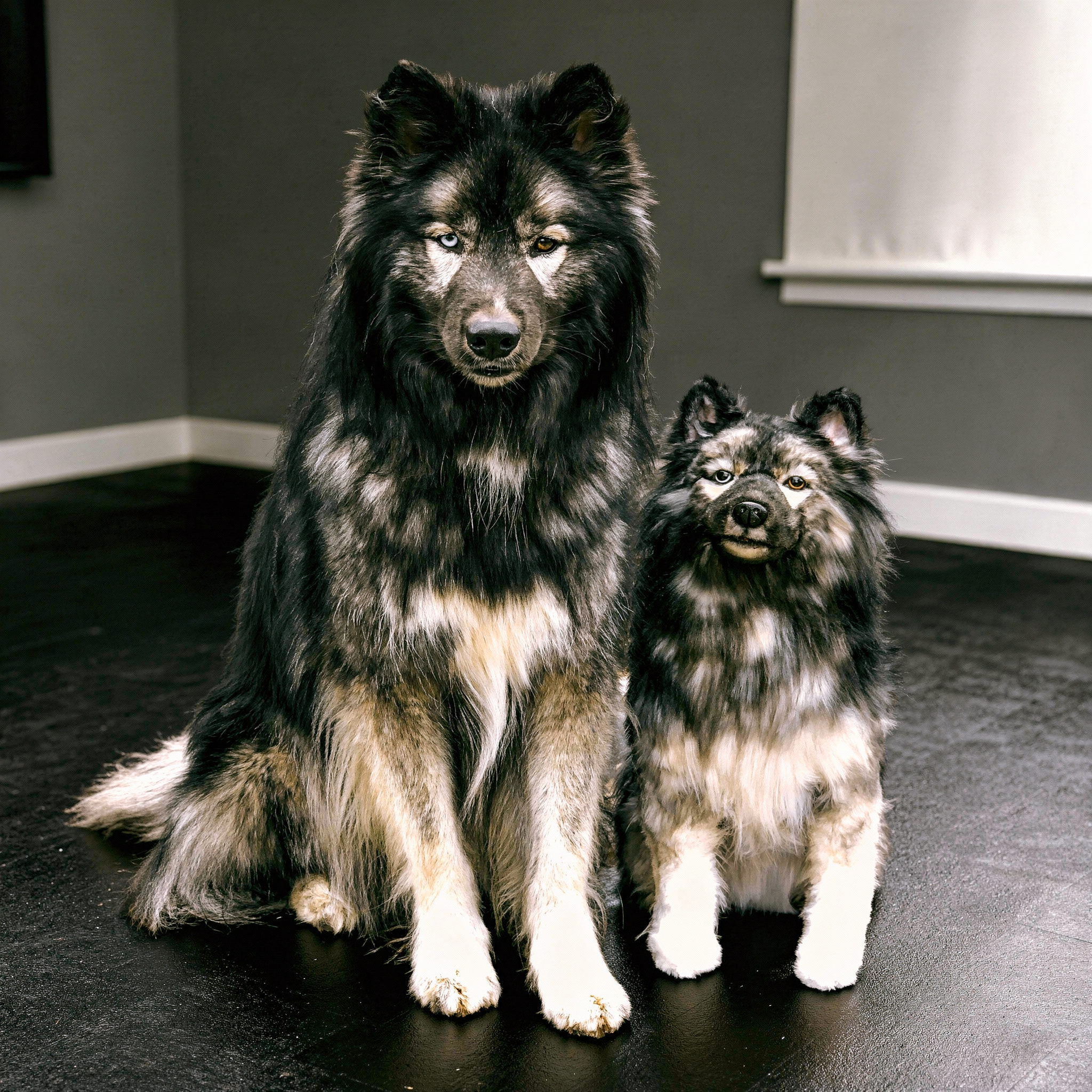 A real dark bay horse with a black mane and tail, and a white star on its forehead, stands over an extremely realistic, small, dark brown and black plush foal toy in a grassy paddock.