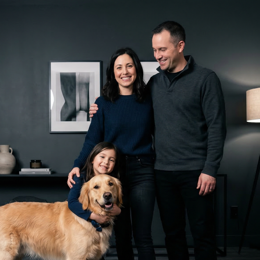 A man, woman, and young girl smile while posing with their golden retriever in a living room.