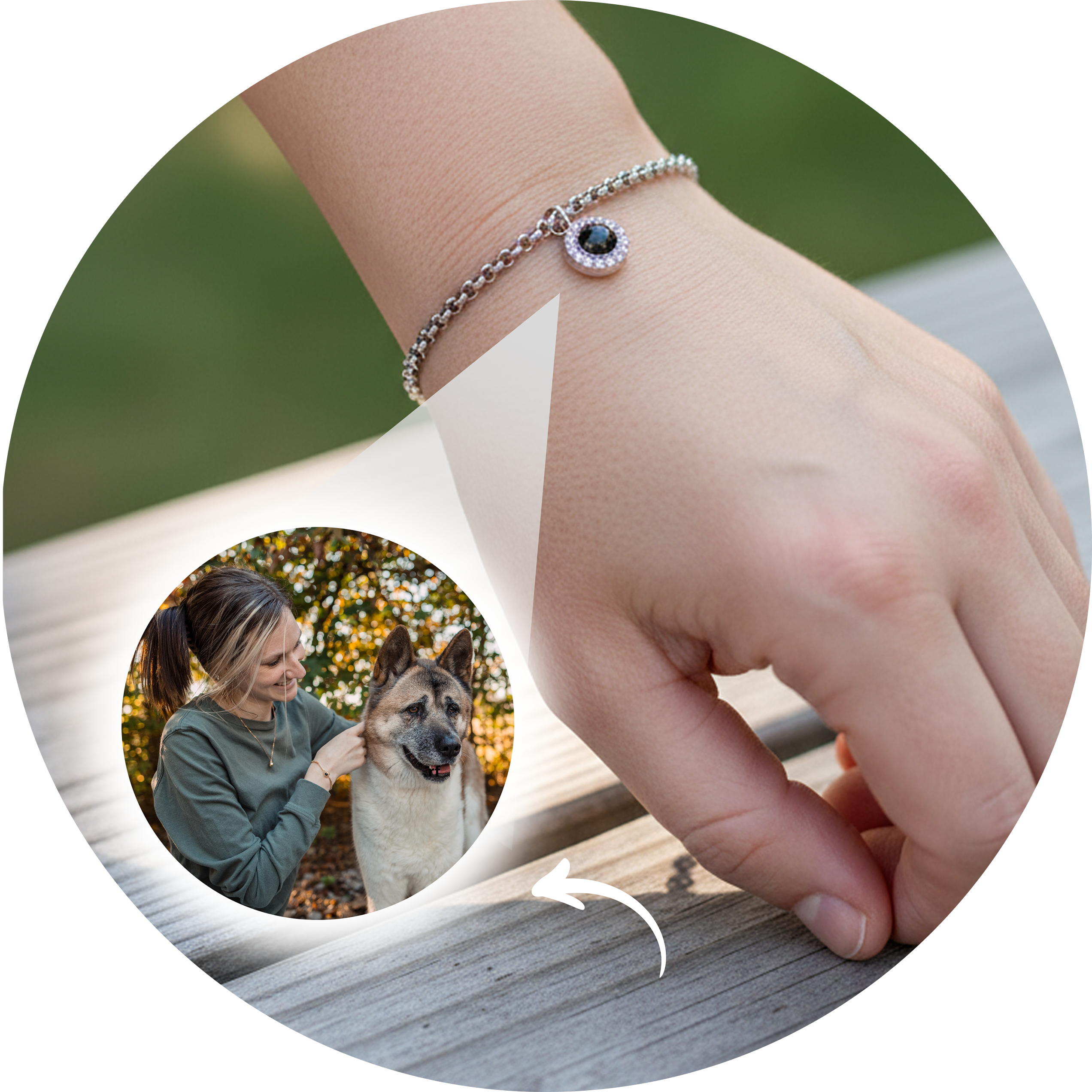 Hand wearing bracelet with photo of woman and dog inset.