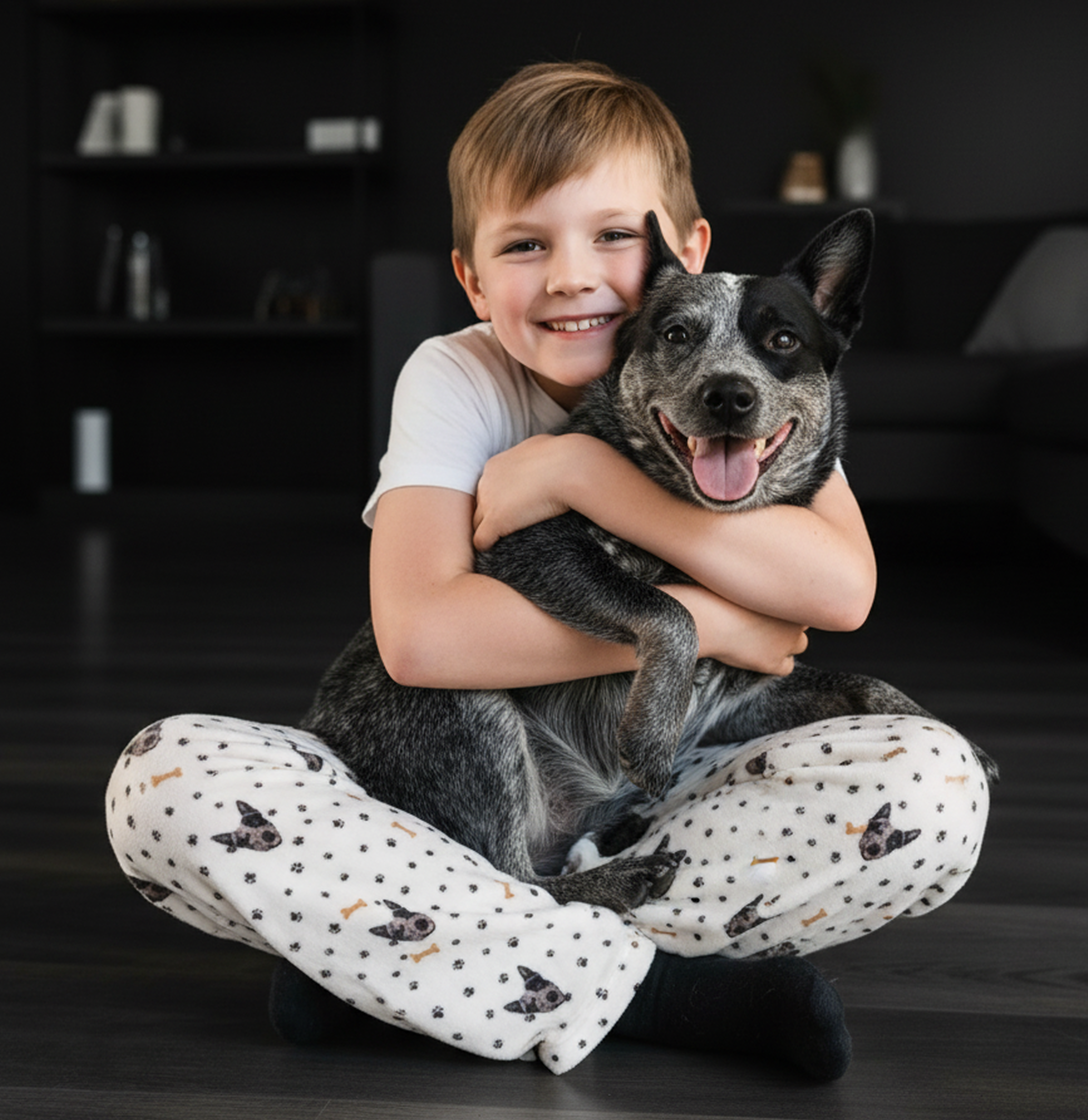 Boy wearing white fleece pants and hugging his dog