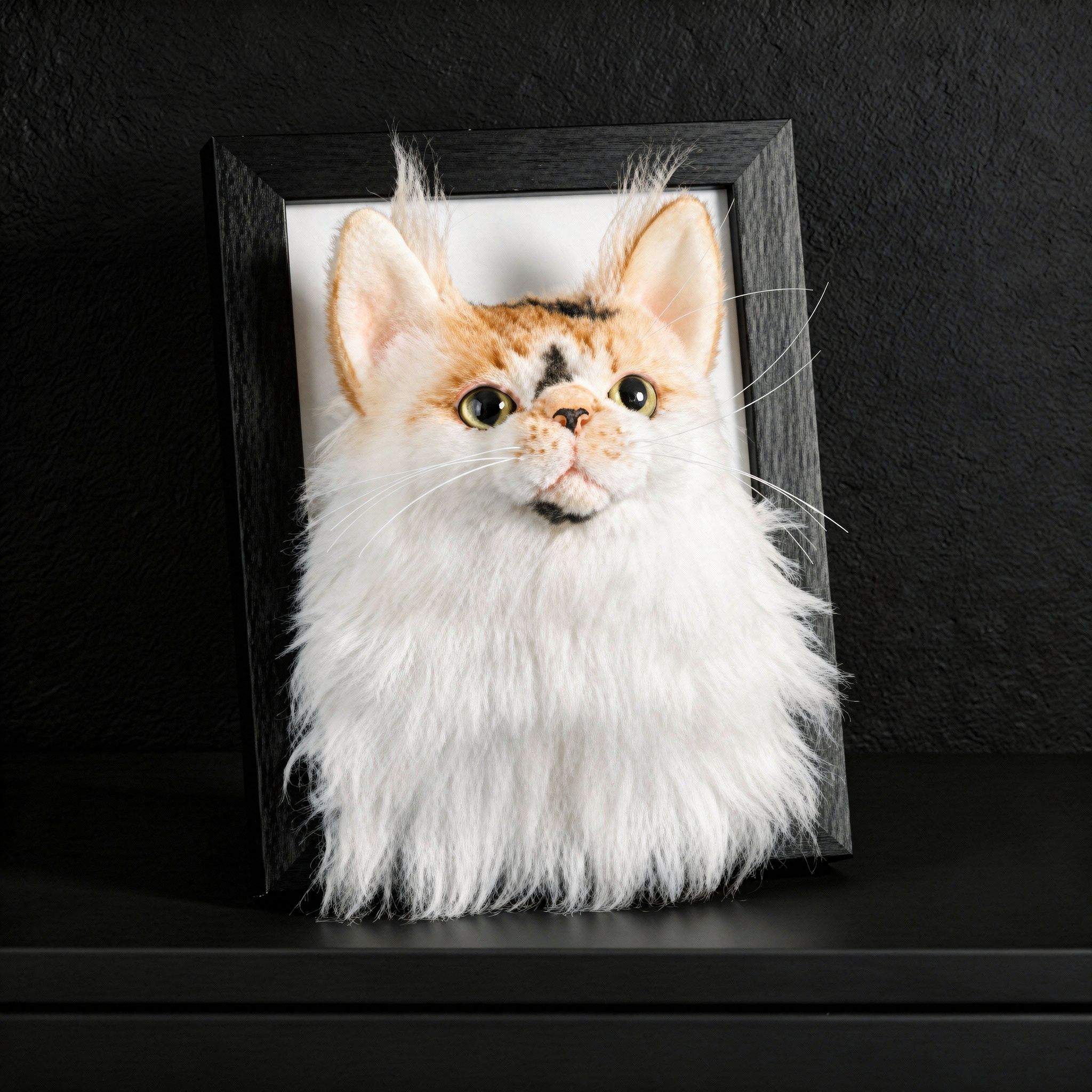 Framed custom portrait of orange & white cat with green eyes against brick wall.
