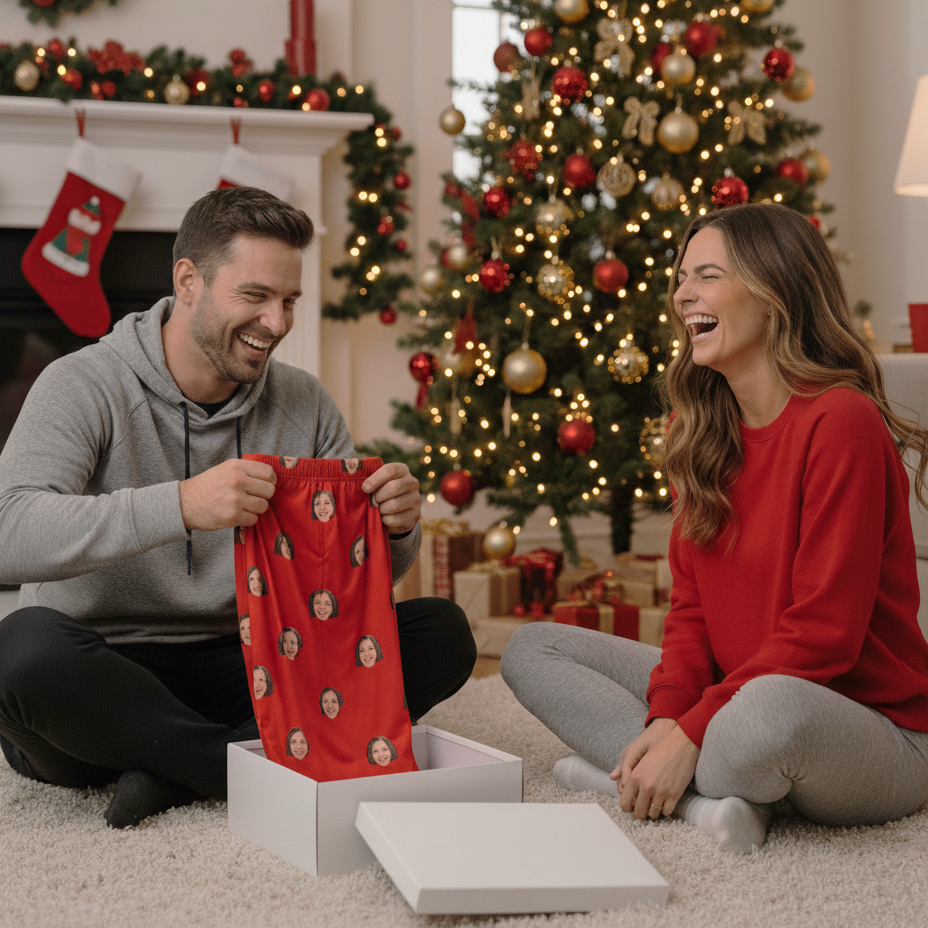 Couple laughing while exchanging gifts by a decorated Christmas tree.