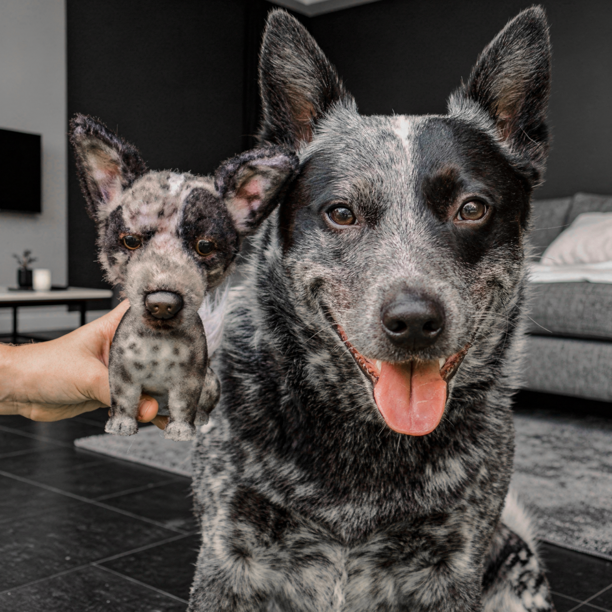 A spotted dog beside a matching toy held by a hand.