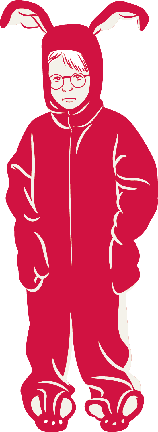 A minimalist illustration in white outline on a solid red background, depicting the character Ralphie from A Christmas Story wearing the pink bunny suit, complete with hood and ears.