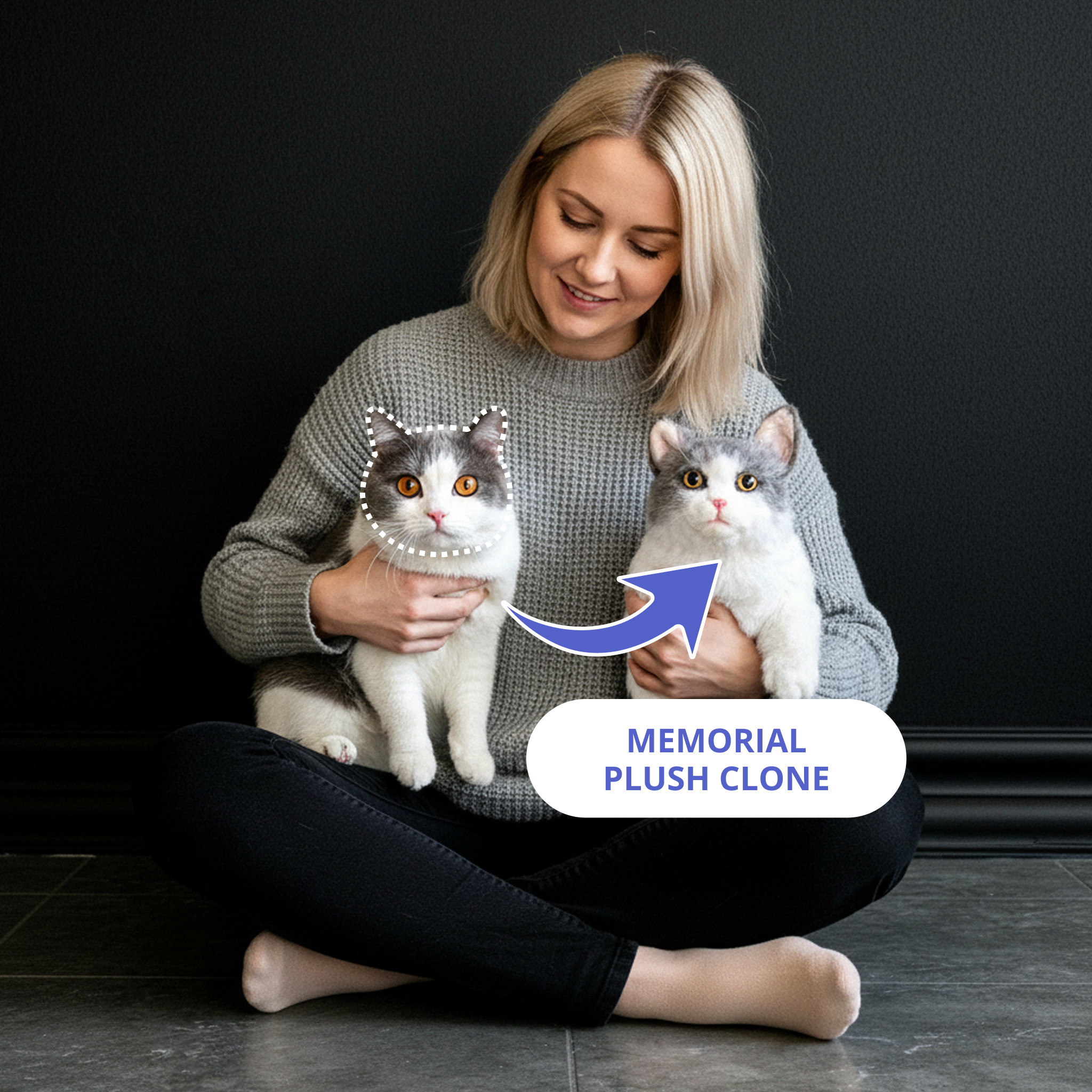 Woman sitting wih a cat and the plush replica of it.