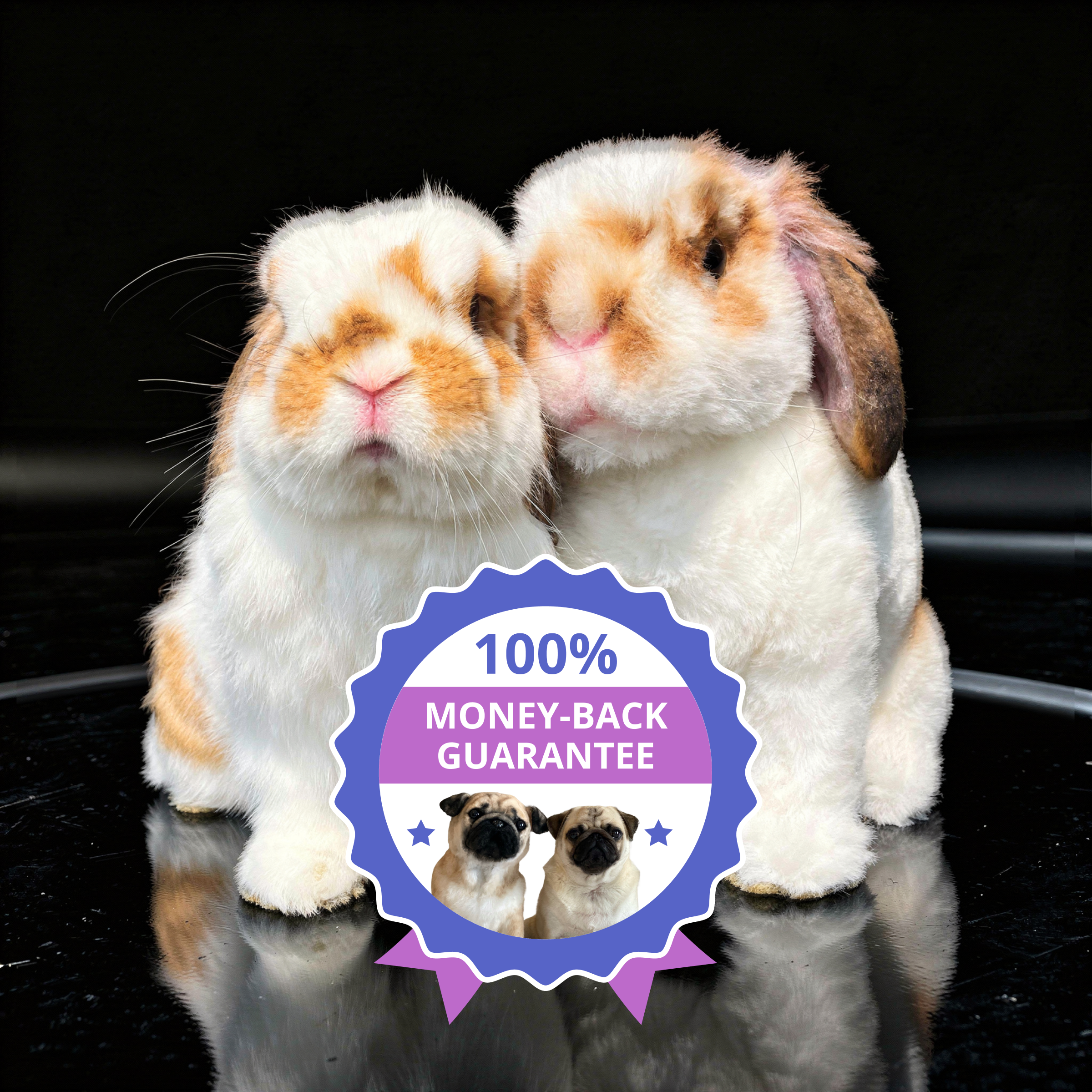 Two lop-eared rabbits, one of which is a plush replica, sitting in front of a brick wall, with a '100% MONEY-BACK GUARANTEE' seal overlaid.