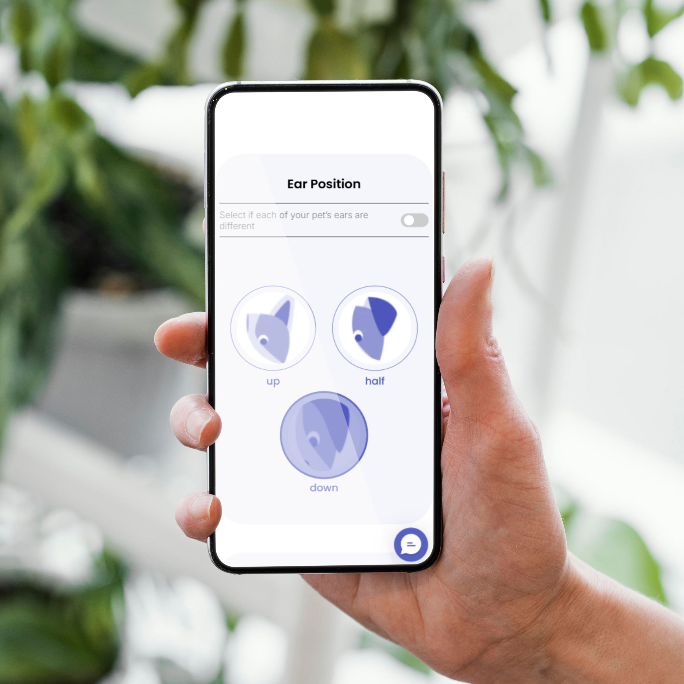 Hand holding smartphone displaying pet ear position options.