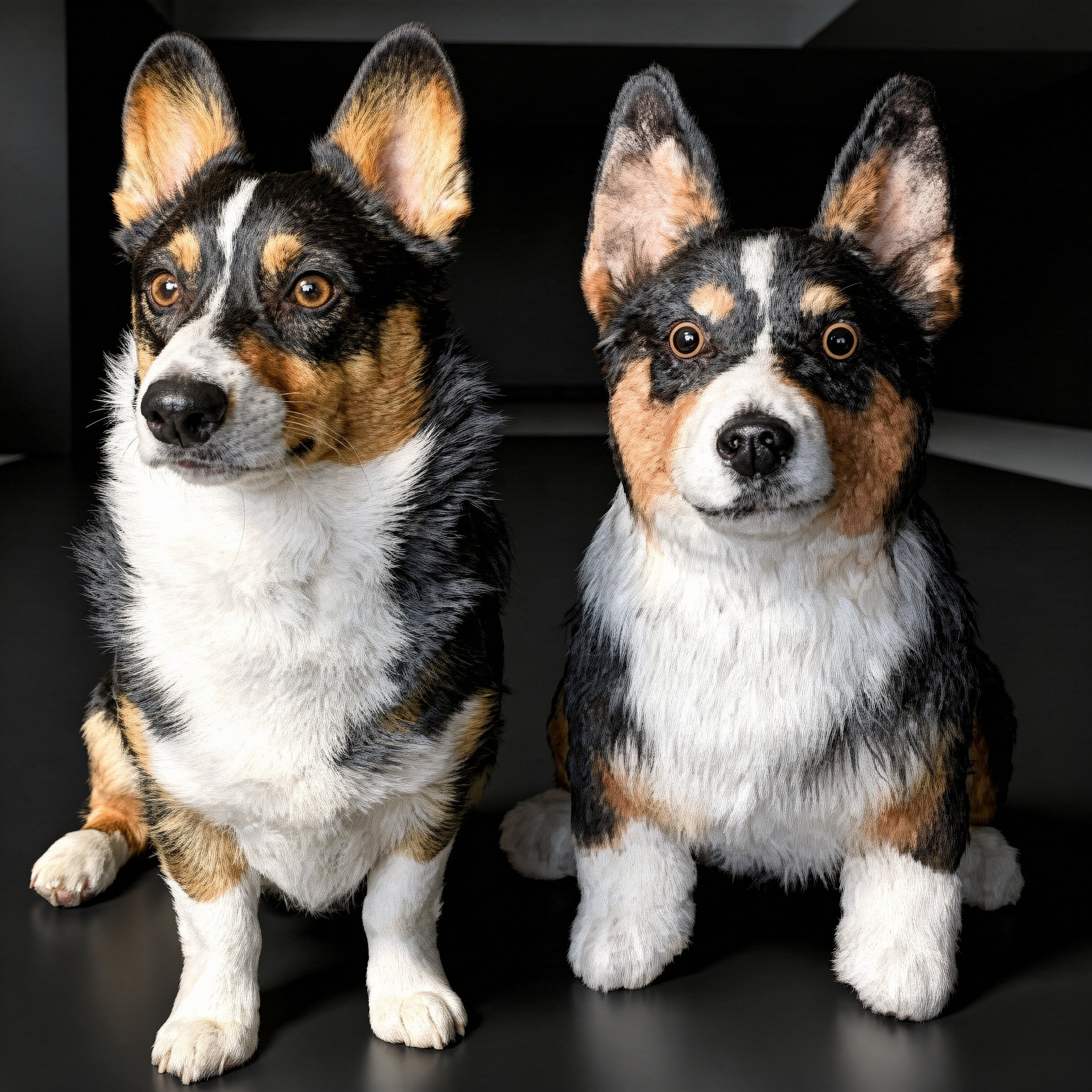 A real Corgi sits next to its plush toy replica. 