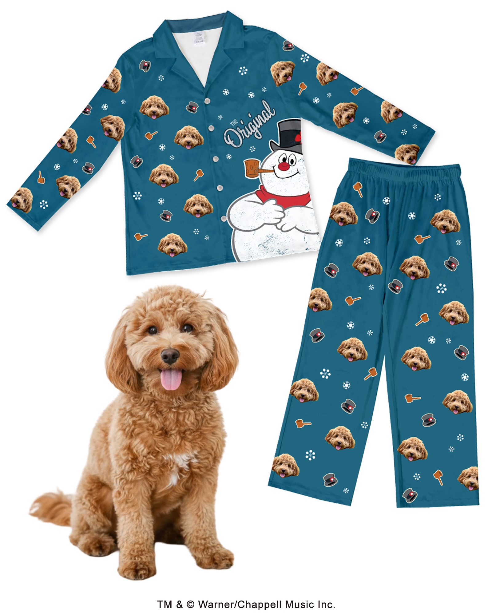 A teal pajama set (long-sleeve top and pants) featuring a central graphic of Frosty the Snowman on the top, with the word 'Original' above him. The pajamas are patterned with a repeating design of a fluffy brown Cockapoo's face, Frosty's hat, and snowflakes. A real Cockapoo dog sits in the foreground.