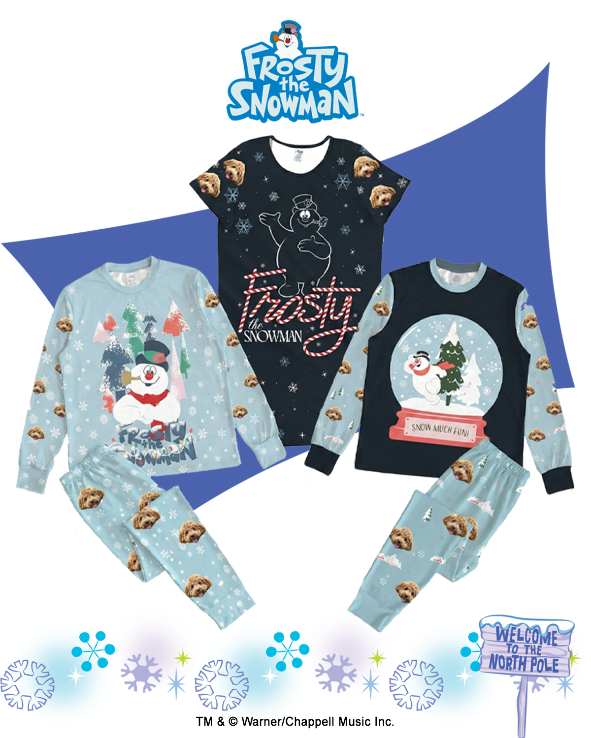 A graphic poster promoting three styles of pajamas themed after the classic movie Frosty the Snowman. 