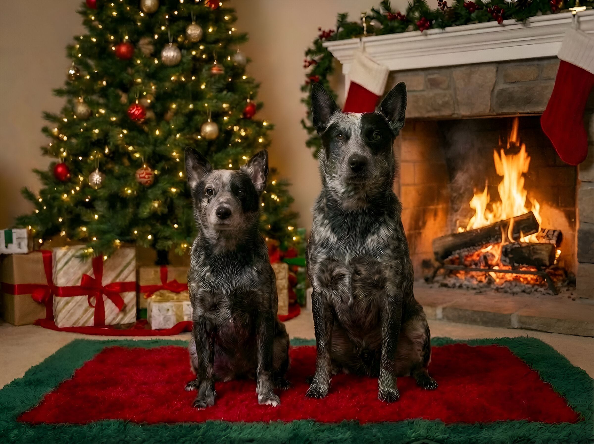 Two dogs sitting on a rug by a Christmas tree and fireplace.