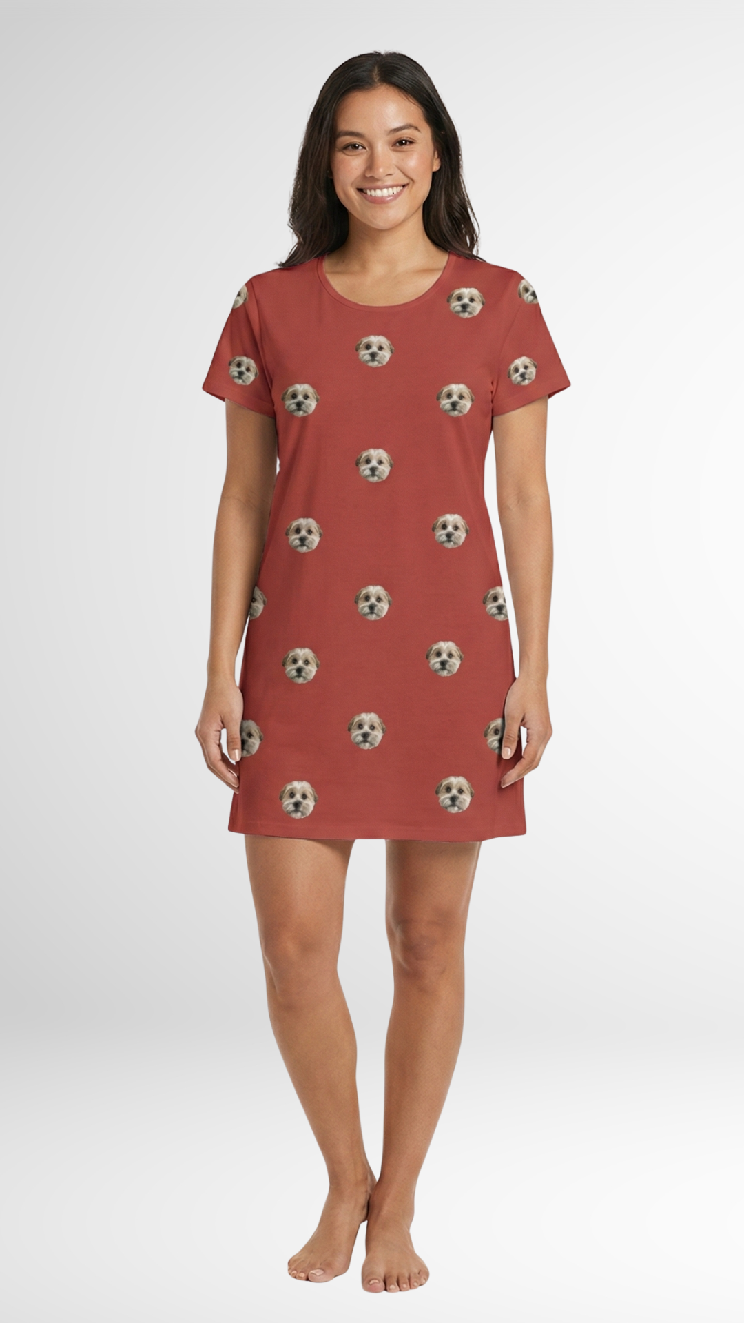 Woman wearing a caramel nightgown with an all-over custom print of a dog's face 