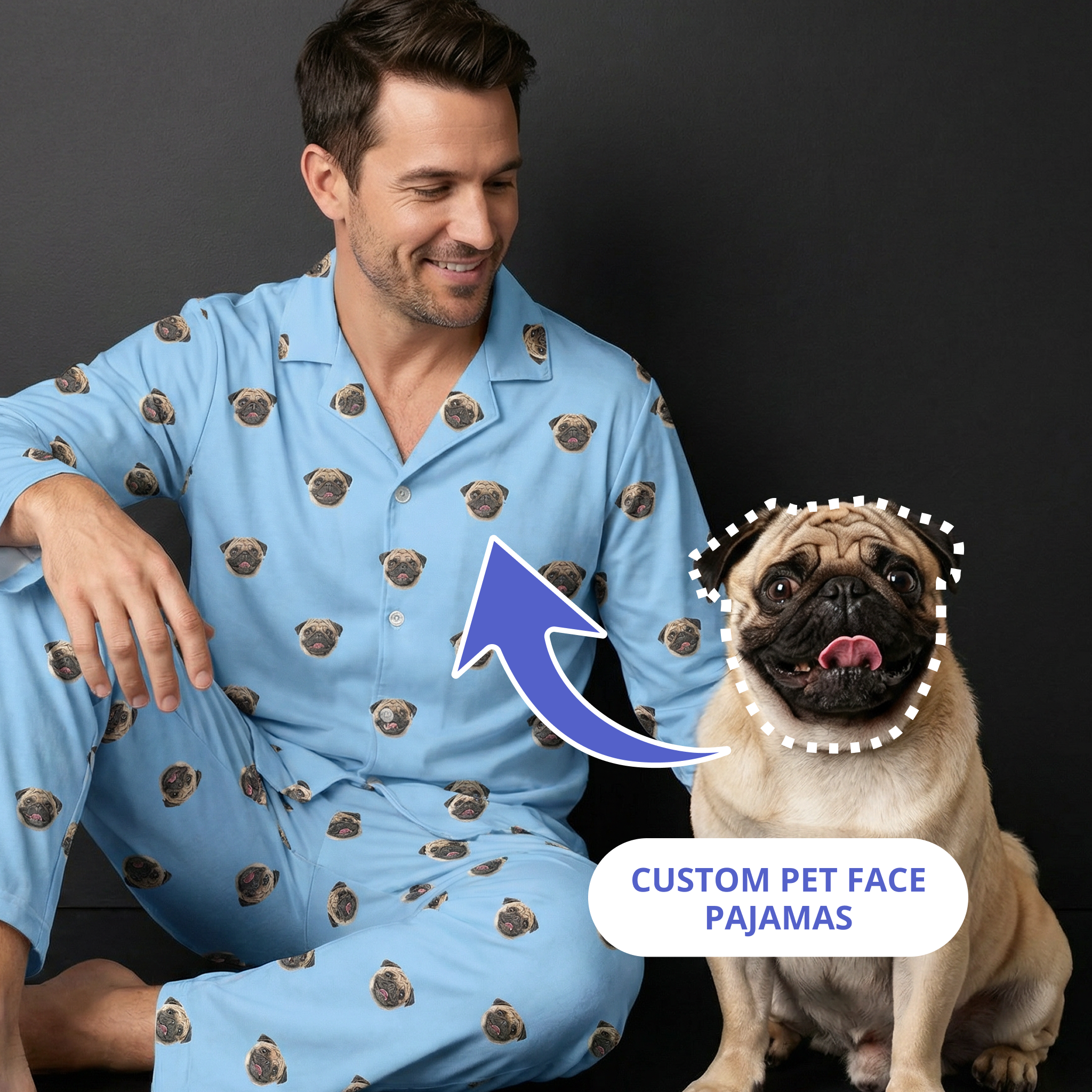 Man with a light blue dog-print button-down pajamas