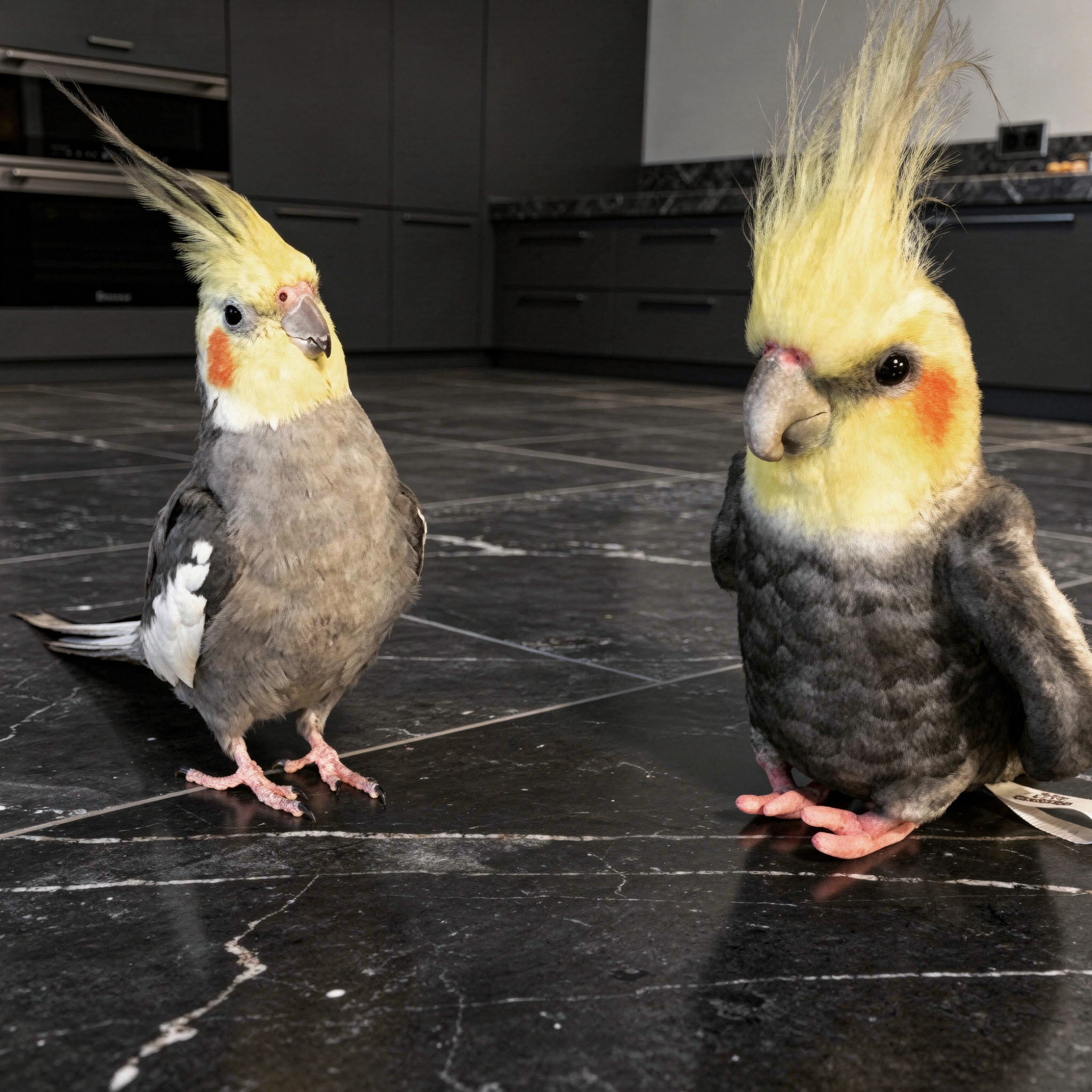 A side-by-side comparison of a live cockatiel on the left and a plush toy cockatiel on the right.