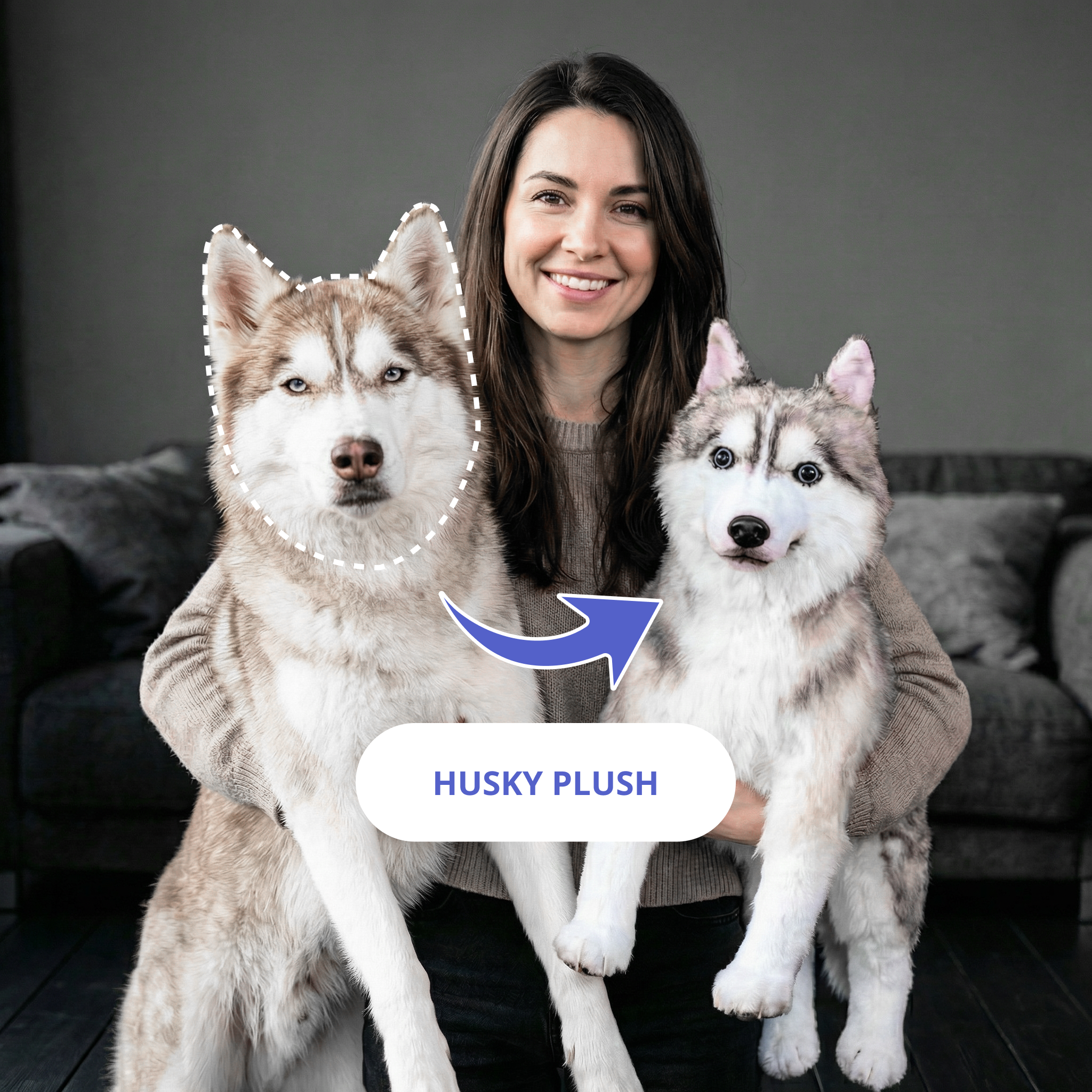 A woman with a real copper and white Siberian Husky next to a realistic custom plush stuffed animal replica of itself.
