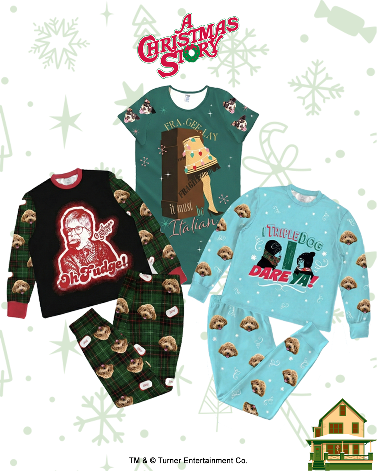 A graphic poster featuring pajamas themed after the movie A Christmas Story, set against a light green and white background with snowflake and holiday graphics.