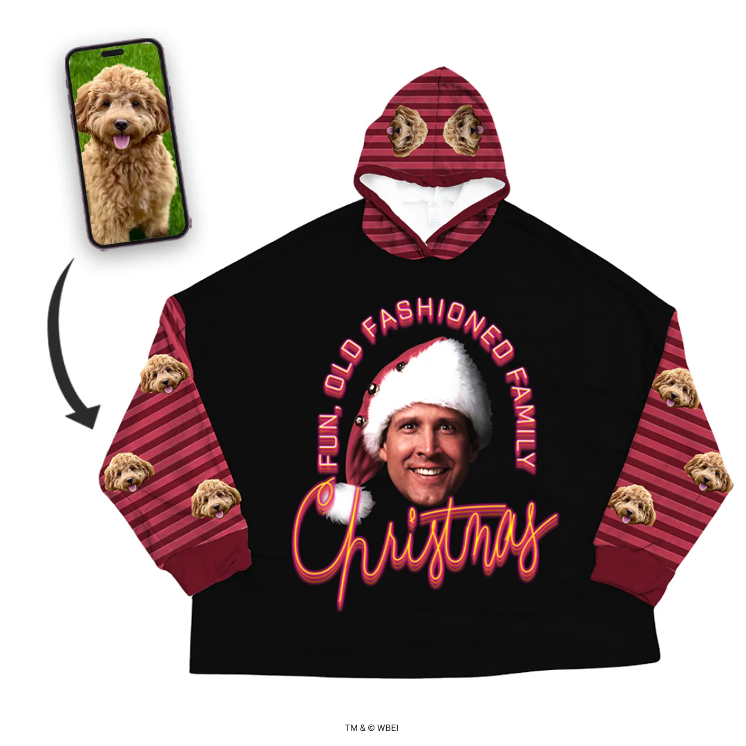 Fleece hoodie with Christmas design featuring a smiling man wearing a Santa hat, with custom small dog face images printed on both sleeves and the hood, showcasing the personalized pet-themed holiday apparel