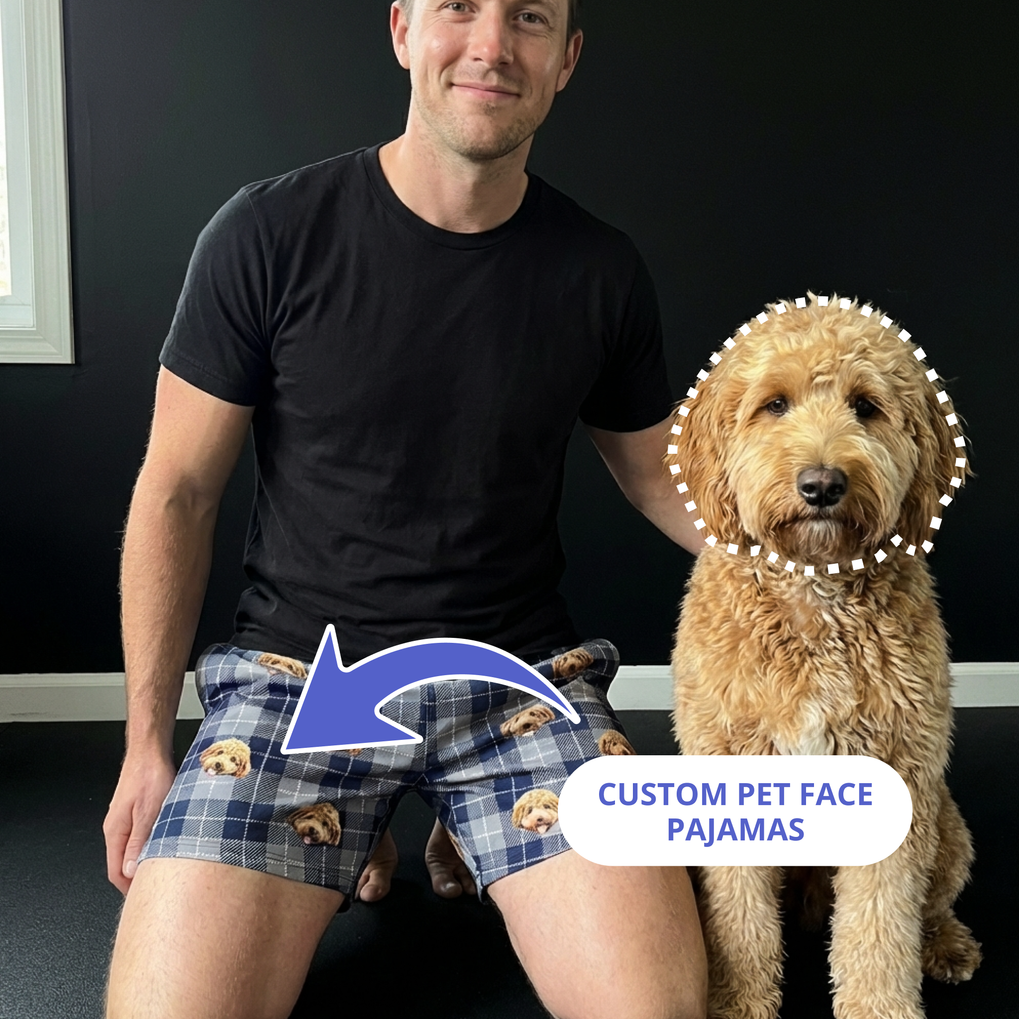 A man kneeling and wearing sweatshorts is next to his dog.