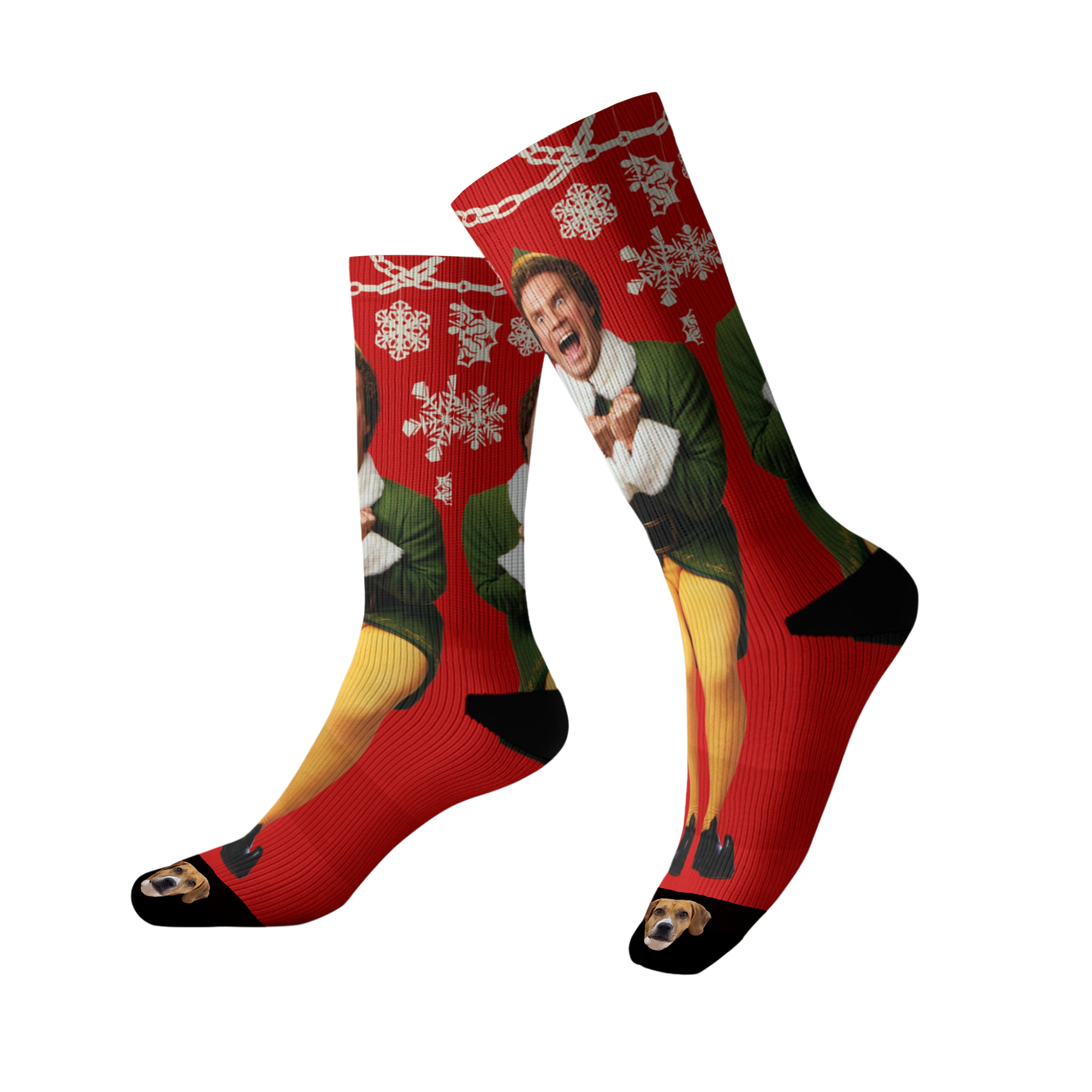 A pair of red Christmas-themed crew socks, decorated with white snowflakes, featuring a repeating graphic of Will Ferrell as Buddy the Elf, with a small dog's face printed on the toes.