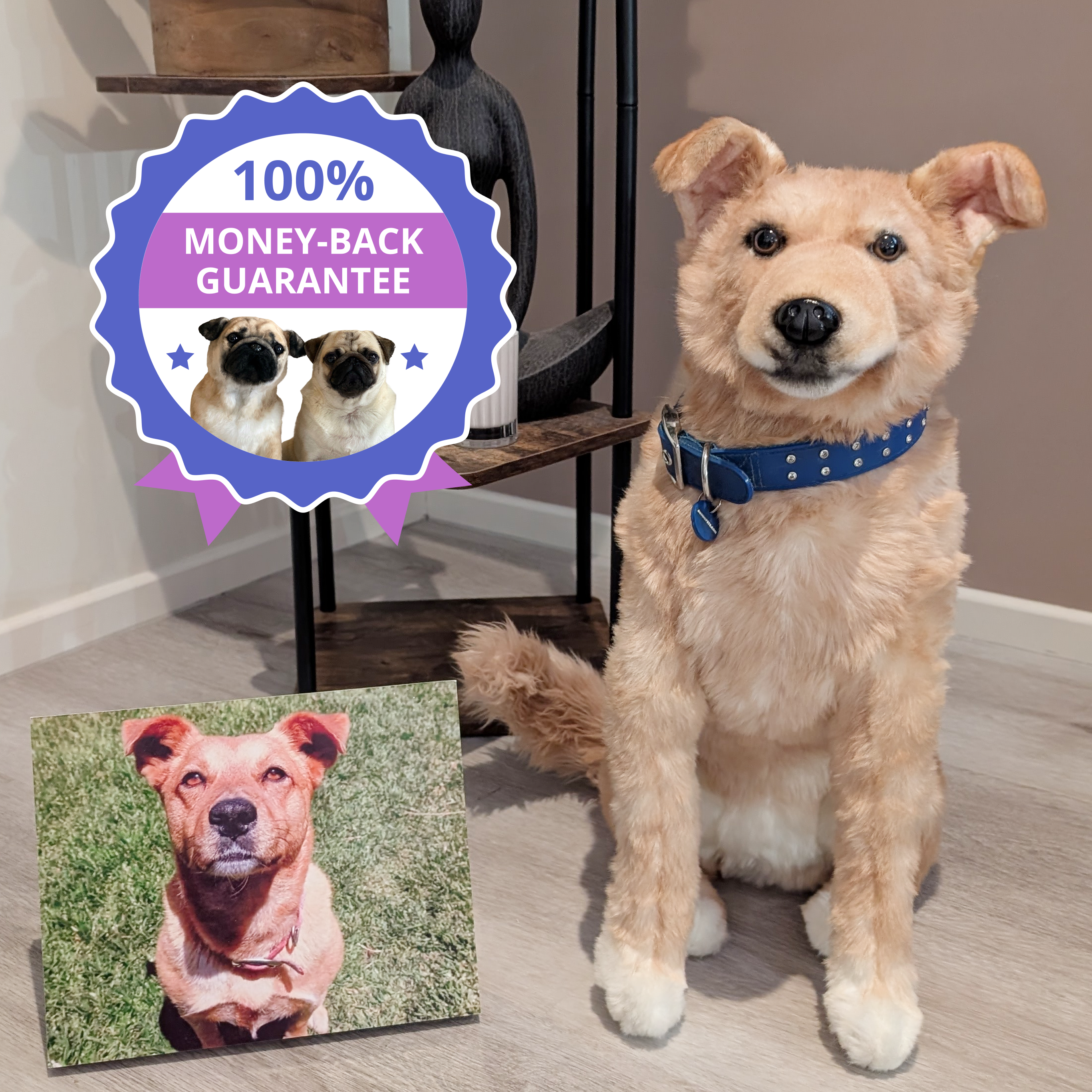Custom tan dog plush with photo and guarantee badge.