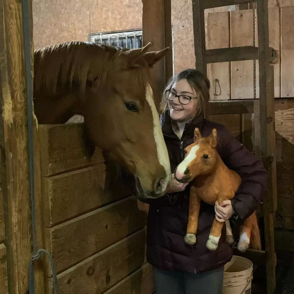 Person holding a toy horse next to a real horse in a stable.