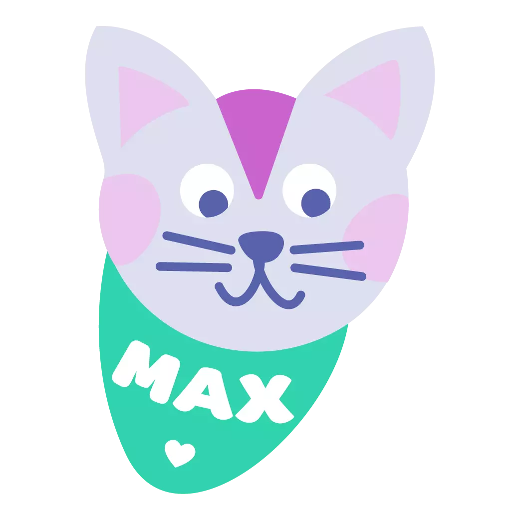 Cartoon cat with large eyes, labeled 'MAX' on a green background.
