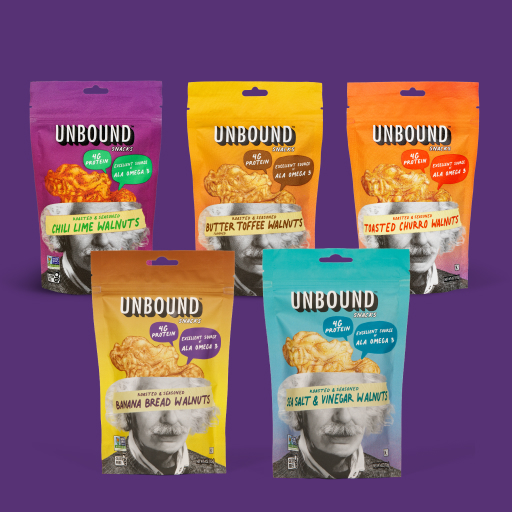Five colorful bags of Unbound walnuts against a purple background.
