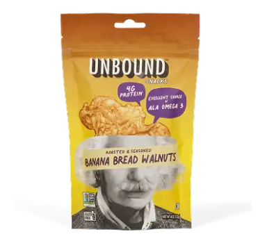 Package of banana bread flavored walnuts with a man's image.