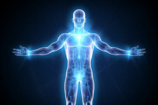 Glowing human figure with arms outstretched, showing internal anatomy.