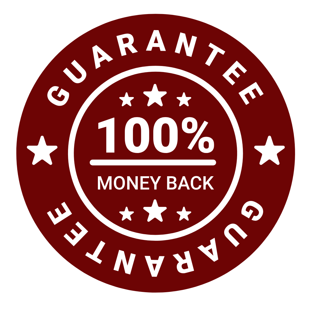 Red circular badge with '100% Money Back Guarantee' and stars.