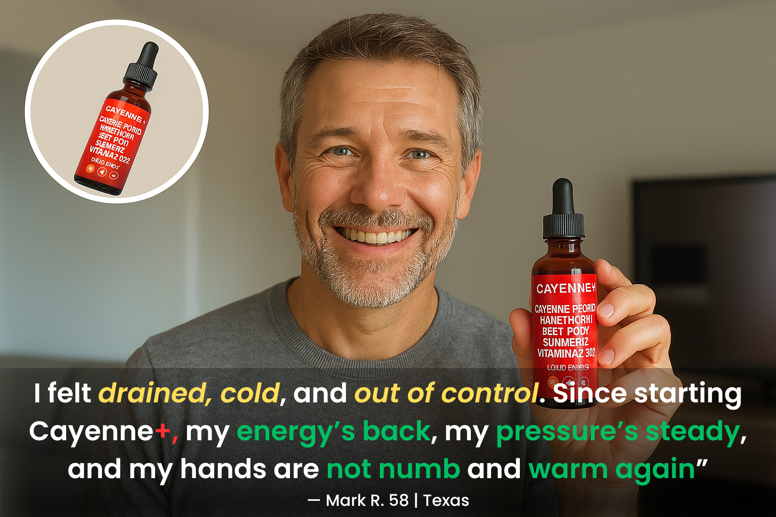 Smiling man holding a bottle of Cayenne+ supplement with testimonial text overlay.