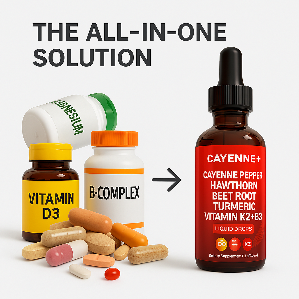 Bottles of vitamins and pills next to a liquid supplement bottle labeled Cayenne+.