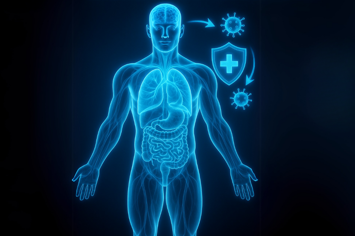 Glowing human anatomy with immune symbols and virus icons.