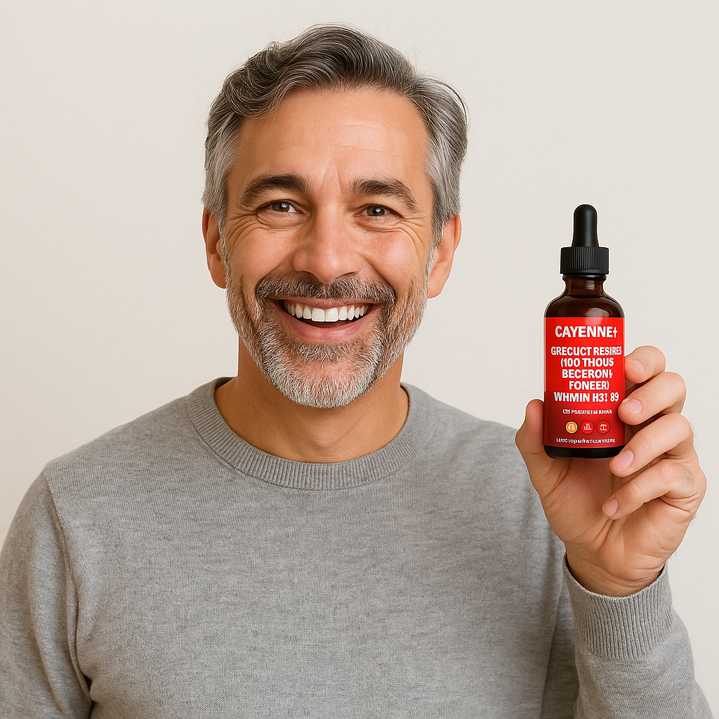 Smiling man holding a bottle with a red label.