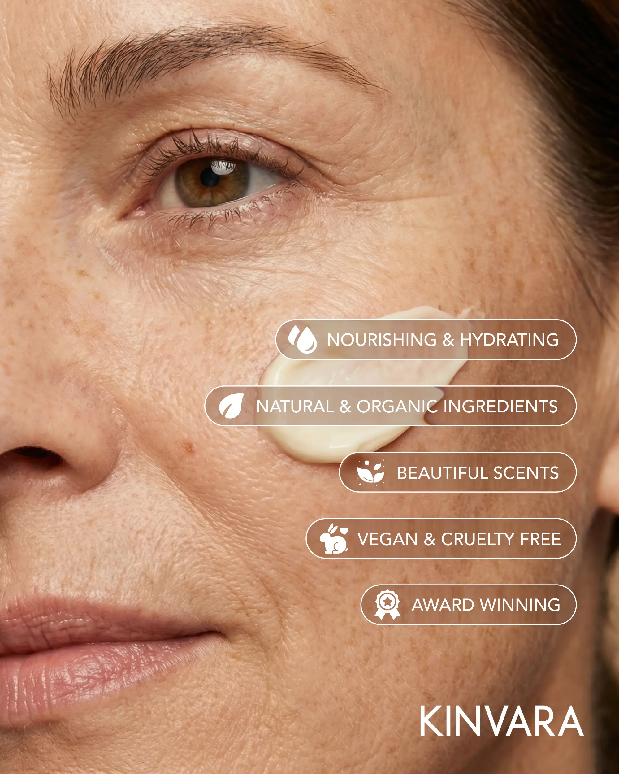 A close-up of a woman's face with a smear of cream and text listing the product's benefits.