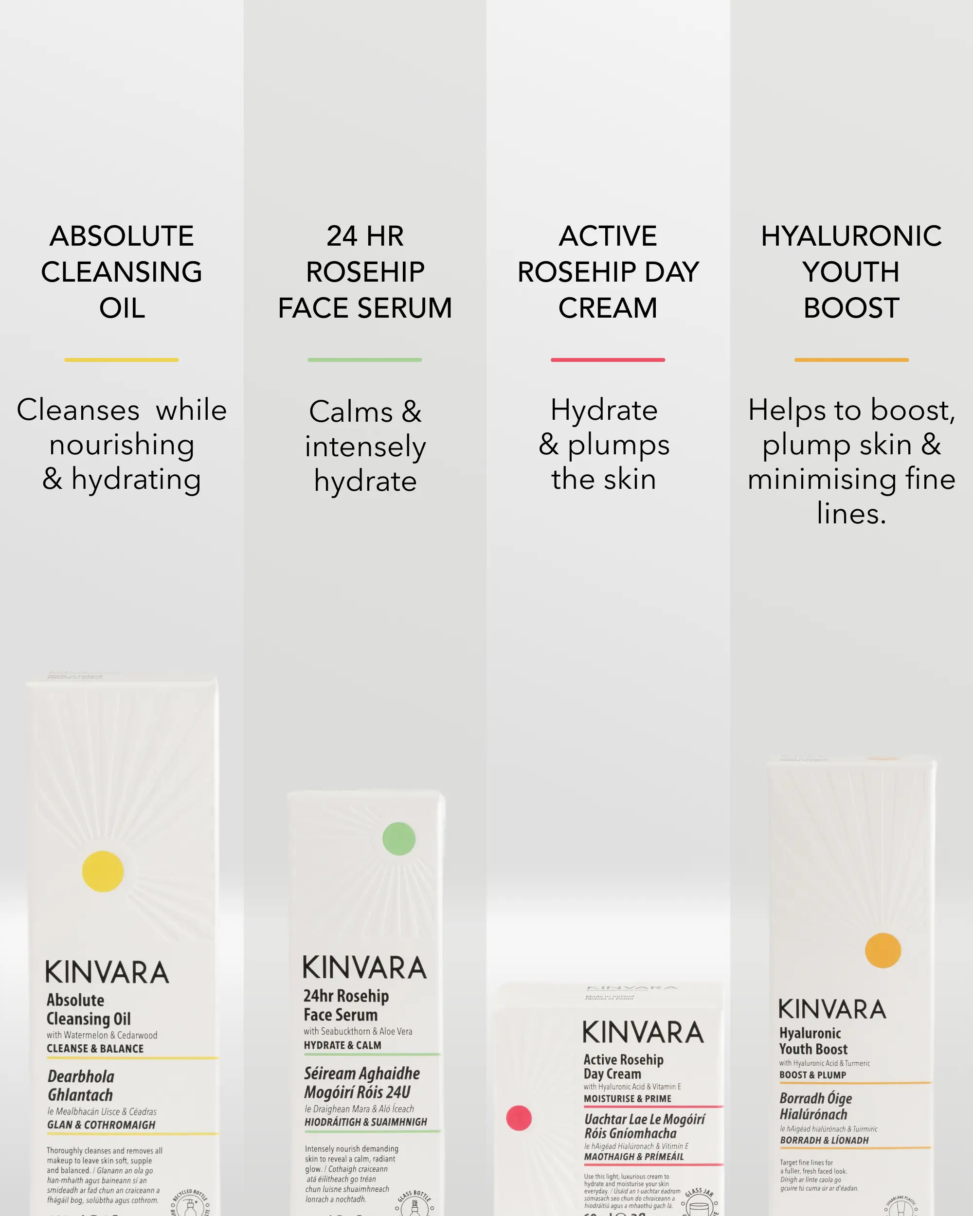 An image showcasing four different Kinvara brand skincare products and listing their specific benefits above each bottle.