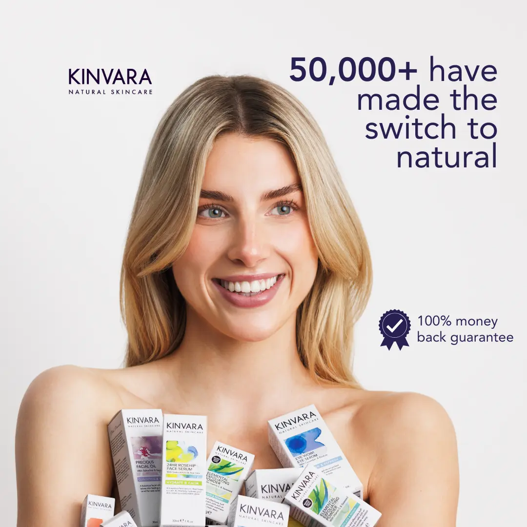 Smiling person holding Kinvara skincare products with text about natural skincare and money-back guarantee.