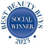 Blue circular badge with 'Best Beauty Buys 2023 Social Winner' text.