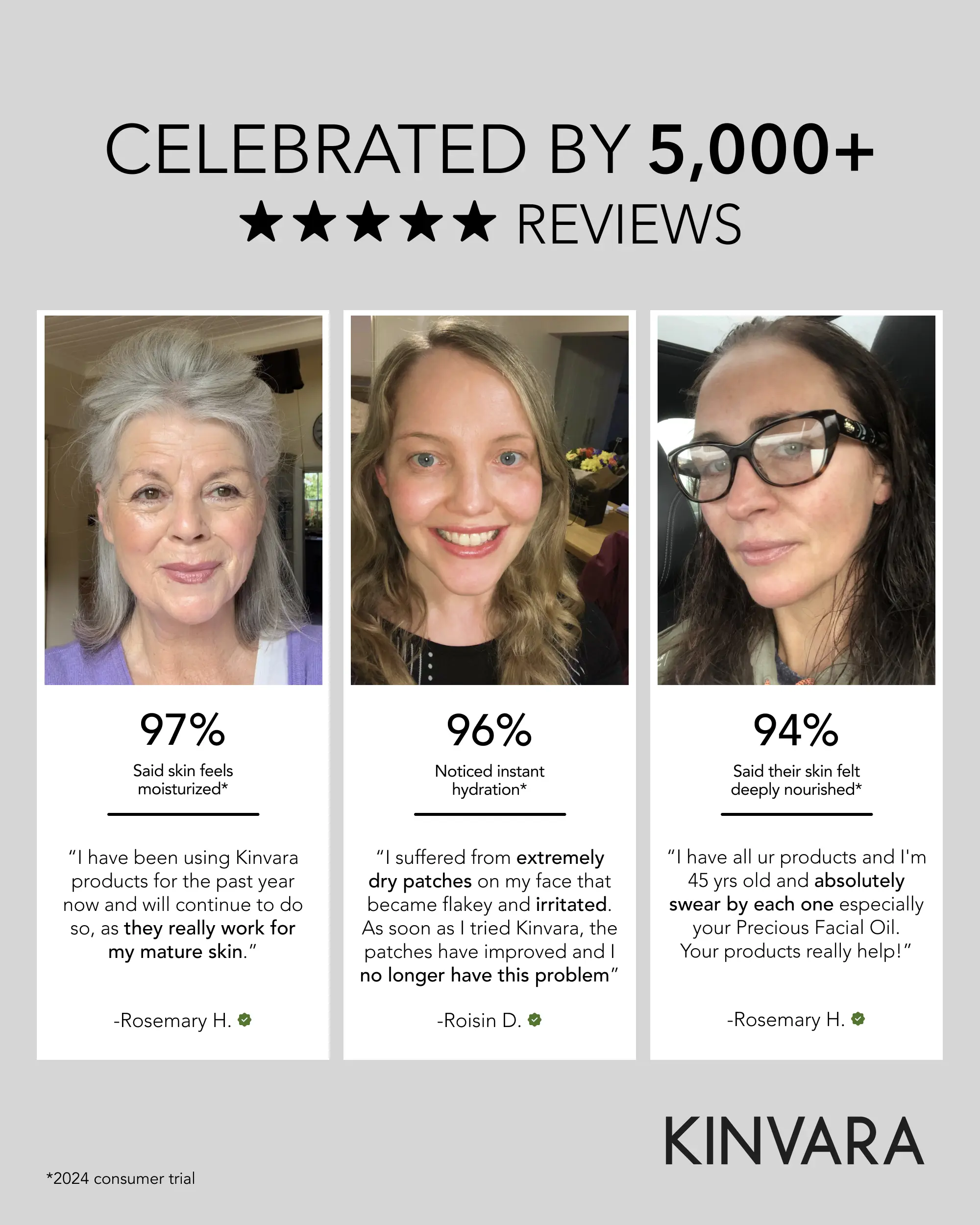 An advertisement for Kinvara skincare with photos and testimonials from three satisfied customers.