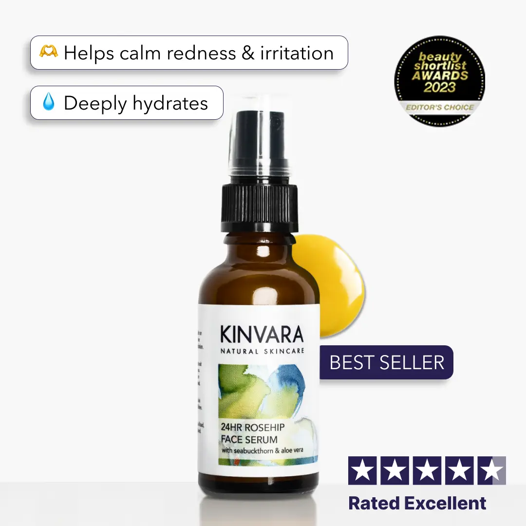 Kinvara face serum bottle with award badge and benefits listed.