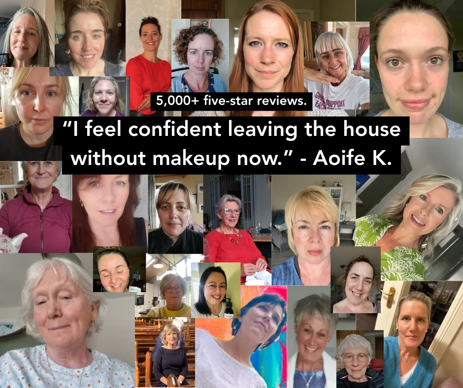A collage of photos showing many different women's faces with a testimonial quote overlaid in the center.