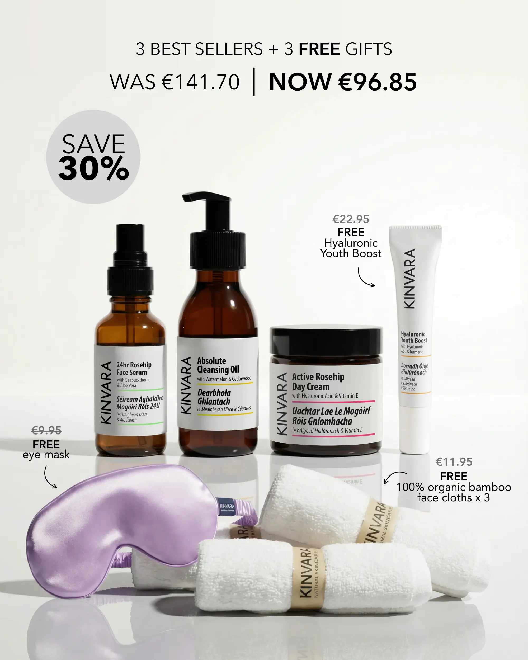 A collection of Kinvara skincare products, an eye mask, and face cloths advertised as a sale bundle.