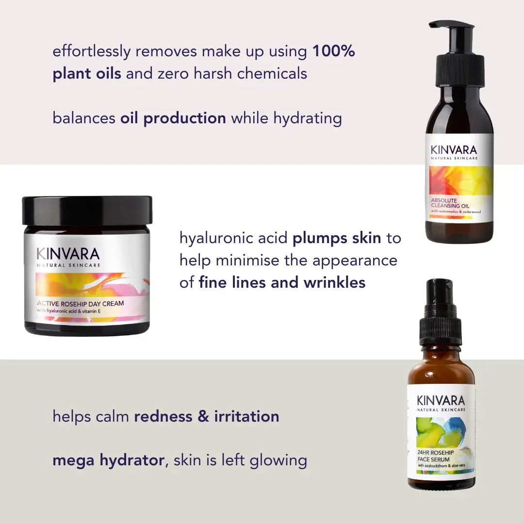 Kinvara skincare products with descriptions highlighting benefits like hydration and reducing fine lines.