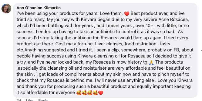 Screenshot of a Facebook comment praising skincare products for treating rosacea.